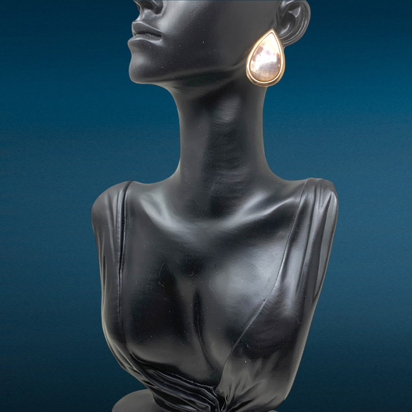 Vintage 1980s Gold Tone Abalone Teardrop Pierced Earrings Modernist Oversized - Picture 3 of 5